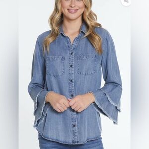 Tru Luxe denim chambray shirt w flounce sleeve